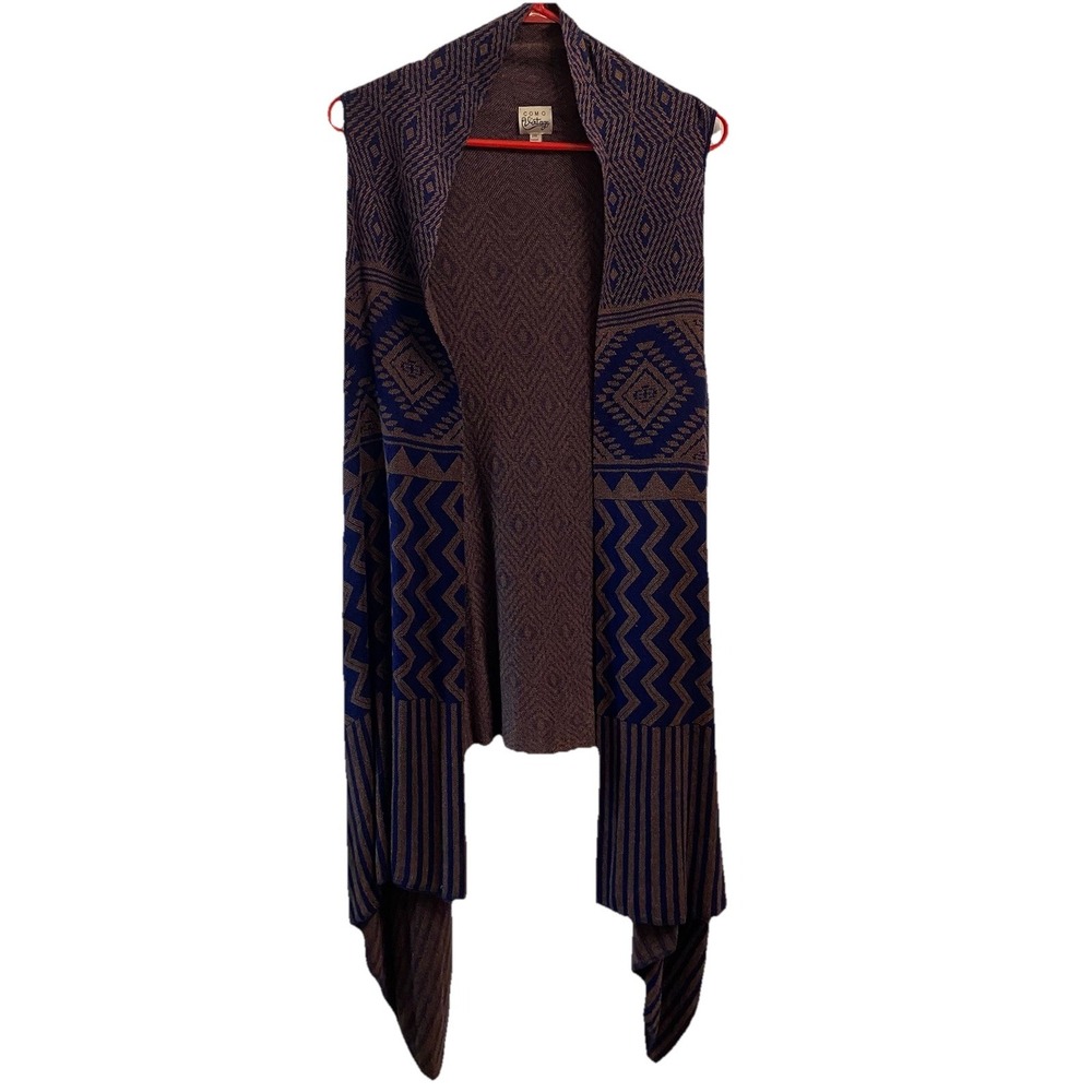 Como Vintage Women's long Cardigan Sleeveless Sweater Blue& Brown Sz.2XL EUC